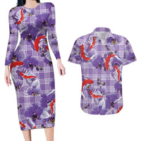 Lavender Palaka Hawaii Aloha Couples Matching Long Sleeve Bodycon Dress and Hawaiian Shirt Koi Pond Mix Orchids - Polynesian Pride