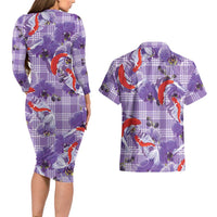 Lavender Palaka Hawaii Aloha Couples Matching Long Sleeve Bodycon Dress and Hawaiian Shirt Koi Pond Mix Orchids - Polynesian Pride