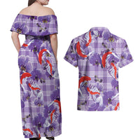 Lavender Palaka Hawaii Aloha Couples Matching Off Shoulder Maxi Dress and Hawaiian Shirt Koi Pond Mix Orchids LT7 - Polynesian Pride
