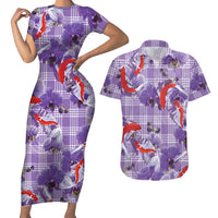 Lavender Palaka Hawaii Aloha Couples Matching Short Sleeve Bodycon Dress and Hawaiian Shirt Koi Pond Mix Orchids - Polynesian Pride