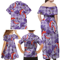 Lavender Palaka Hawaii Aloha Family Matching Off Shoulder Maxi Dress and Hawaiian Shirt Koi Pond Mix Orchids - Polynesian Pride