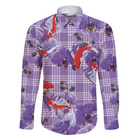 Lavender Palaka Hawaii Aloha Family Matching Off Shoulder Maxi Dress and Hawaiian Shirt Koi Pond Mix Orchids - Polynesian Pride