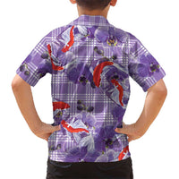 Lavender Palaka Hawaii Aloha Family Matching Off Shoulder Short Dress and Hawaiian Shirt Koi Pond Mix Orchids LT7 - Polynesian Pride