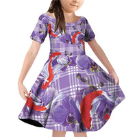 Lavender Palaka Hawaii Aloha Family Matching Off Shoulder Short Dress and Hawaiian Shirt Koi Pond Mix Orchids - Polynesian Pride