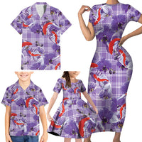 Lavender Palaka Hawaii Aloha Family Matching Short Sleeve Bodycon Dress and Hawaiian Shirt Koi Pond Mix Orchids - Polynesian Pride