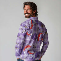 Lavender Palaka Hawaii Aloha Long Sleeve Polo Shirt Koi Pond Mix Orchids - Polynesian Pride