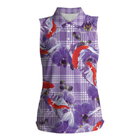 Lavender Palaka Hawaii Aloha Women Sleeveless Polo Shirt Koi Pond Mix Orchids - Polynesian Pride