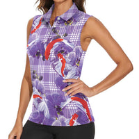 Lavender Palaka Hawaii Aloha Women Sleeveless Polo Shirt Koi Pond Mix Orchids - Polynesian Pride