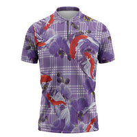 Lavender Palaka Hawaii Aloha Zipper Polo Shirt Koi Pond Mix Orchids LT7 Purple - Polynesian Pride