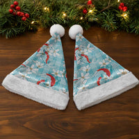 Turquoise Palaka Hawaii Aloha Christmas Santa Hat Koi Pond Mix Plumeria - Polynesian Pride