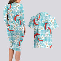 Turquoise Palaka Hawaii Aloha Couples Matching Long Sleeve Bodycon Dress and Hawaiian Shirt Koi Pond Mix Plumeria - Polynesian Pride