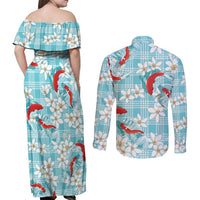 Turquoise Palaka Hawaii Aloha Couples Matching Off Shoulder Maxi Dress and Long Sleeve Button Shirt Koi Pond Mix Plumeria - Polynesian Pride