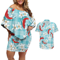 Turquoise Palaka Hawaii Aloha Couples Matching Off Shoulder Short Dress and Hawaiian Shirt Koi Pond Mix Plumeria - Polynesian Pride