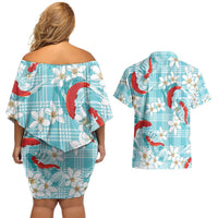 Turquoise Palaka Hawaii Aloha Couples Matching Off Shoulder Short Dress and Hawaiian Shirt Koi Pond Mix Plumeria - Polynesian Pride