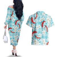 Turquoise Palaka Hawaii Aloha Couples Matching Off The Shoulder Long Sleeve Dress and Hawaiian Shirt Koi Pond Mix Plumeria - Polynesian Pride
