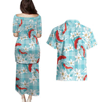 Turquoise Palaka Hawaii Aloha Couples Matching Puletasi and Hawaiian Shirt Koi Pond Mix Plumeria - Polynesian Pride