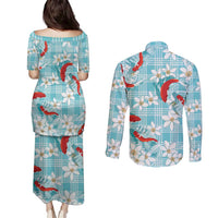 Turquoise Palaka Hawaii Aloha Couples Matching Puletasi and Long Sleeve Button Shirt Koi Pond Mix Plumeria - Polynesian Pride
