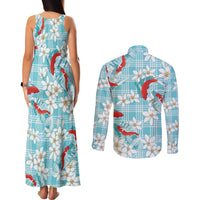 Turquoise Palaka Hawaii Aloha Couples Matching Tank Maxi Dress and Long Sleeve Button Shirt Koi Pond Mix Plumeria - Polynesian Pride