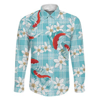 Turquoise Palaka Hawaii Aloha Family Matching Long Sleeve Bodycon Dress and Hawaiian Shirt Koi Pond Mix Plumeria LT7 Dad's Shirt - Long Sleeve Turquoise - Polynesian Pride