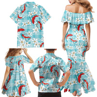 Turquoise Palaka Hawaii Aloha Family Matching Mermaid Dress and Hawaiian Shirt Koi Pond Mix Plumeria - Polynesian Pride