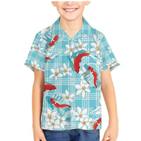 Turquoise Palaka Hawaii Aloha Family Matching Mermaid Dress and Hawaiian Shirt Koi Pond Mix Plumeria - Polynesian Pride