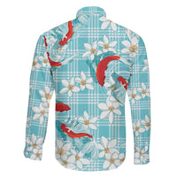 Turquoise Palaka Hawaii Aloha Family Matching Off The Shoulder Long Sleeve Dress and Hawaiian Shirt Koi Pond Mix Plumeria LT7 - Polynesian Pride