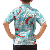 Turquoise Palaka Hawaii Aloha Family Matching Off Shoulder Short Dress and Hawaiian Shirt Koi Pond Mix Plumeria LT7 - Polynesian Pride