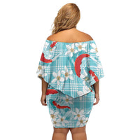 Turquoise Palaka Hawaii Aloha Family Matching Off Shoulder Short Dress and Hawaiian Shirt Koi Pond Mix Plumeria - Polynesian Pride