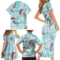 Turquoise Palaka Hawaii Aloha Family Matching Short Sleeve Bodycon Dress and Hawaiian Shirt Koi Pond Mix Plumeria - Polynesian Pride