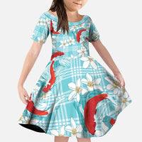 Turquoise Palaka Hawaii Aloha Family Matching Tank Maxi Dress and Hawaiian Shirt Koi Pond Mix Plumeria LT7 Daughter's Dress Turquoise - Polynesian Pride