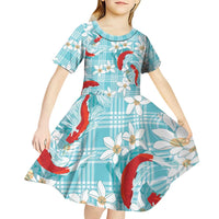 Turquoise Palaka Hawaii Aloha Kid Short Sleeve Dress Koi Pond Mix Plumeria - Polynesian Pride