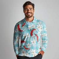 Turquoise Palaka Hawaii Aloha Long Sleeve Polo Shirt Koi Pond Mix Plumeria - Polynesian Pride