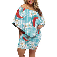 Turquoise Palaka Hawaii Aloha Off Shoulder Short Dress Koi Pond Mix Plumeria - Polynesian Pride