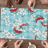 Turquoise Palaka Hawaii Aloha Puzzle Koi Pond Mix Plumeria - Polynesian Pride