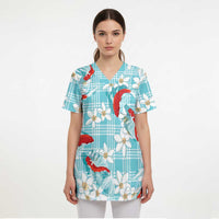Turquoise Palaka Hawaii Aloha Scrub Top Koi Pond Mix Plumeria - Polynesian Pride