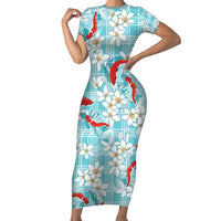 Turquoise Palaka Hawaii Aloha Short Sleeve Bodycon Dress Koi Pond Mix Plumeria - Polynesian Pride