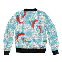 Turquoise Palaka Hawaii Aloha Sleeve Zip Bomber Jacket Koi Pond Mix Plumeria - Polynesian Pride