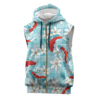 Turquoise Palaka Hawaii Aloha Sleeveless Zip Hoodie Koi Pond Mix Plumeria - Polynesian Pride