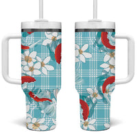 Turquoise Palaka Hawaii Aloha Tumbler With Handle Koi Pond Mix Plumeria - Polynesian Pride