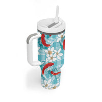 Turquoise Palaka Hawaii Aloha Tumbler With Handle Koi Pond Mix Plumeria - Polynesian Pride