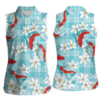 Turquoise Palaka Hawaii Aloha Women Sleeveless Polo Shirt Koi Pond Mix Plumeria - Polynesian Pride