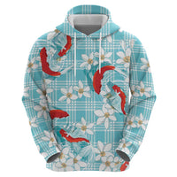 Turquoise Palaka Hawaii Aloha Zip Hoodie Koi Pond Mix Plumeria - Polynesian Pride