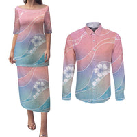 Aloha Hawaii Floral Tapa Couples Matching Puletasi and Long Sleeve Button Shirt Patchwork Pastel Candy - Polynesian Pride