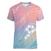 Aloha Hawaii Floral Tapa Women V-Neck T-Shirt Patchwork Pastel Candy - Polynesian Pride