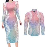 Hawaii Aloha Plumeria Lei Pastel Candy Palaka Couples Matching Long Sleeve Bodycon Dress and Long Sleeve Button Shirt - Polynesian Pride