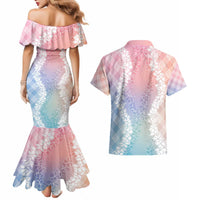 Hawaii Aloha Plumeria Lei Pastel Candy Palaka Couples Matching Mermaid Dress and Hawaiian Shirt - Polynesian Pride