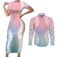 Hawaii Aloha Plumeria Lei Pastel Candy Palaka Couples Matching Short Sleeve Bodycon Dress and Long Sleeve Button Shirt - Polynesian Pride