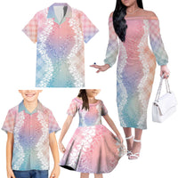 Hawaii Aloha Plumeria Lei Pastel Candy Palaka Family Matching Off The Shoulder Long Sleeve Dress and Hawaiian Shirt - Polynesian Pride