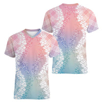 Hawaii Aloha Plumeria Lei Pastel Candy Palaka Women V-Neck T-Shirt - Polynesian Pride