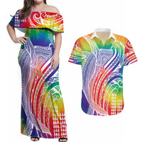 Aloha Pride Rainbow Tie Dye Couples Matching Off Shoulder Maxi Dress and Hawaiian Shirt Humpback Whale - Love is Love